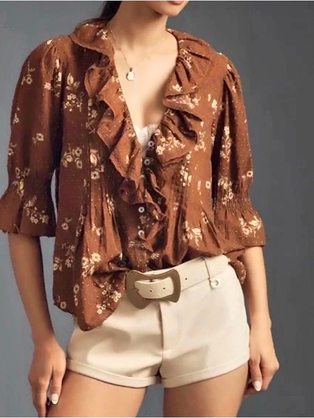 By Anthropologie Brown Floral Ruffled Pin-Tuck Button-Front Swiss Dot Blouse
